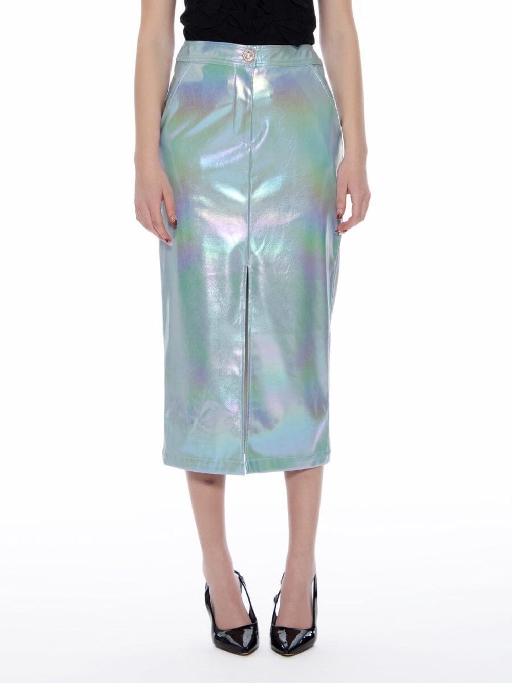 Gracia Front Slit Metallic Pleather Pencil Skirt Size Medium BNWT